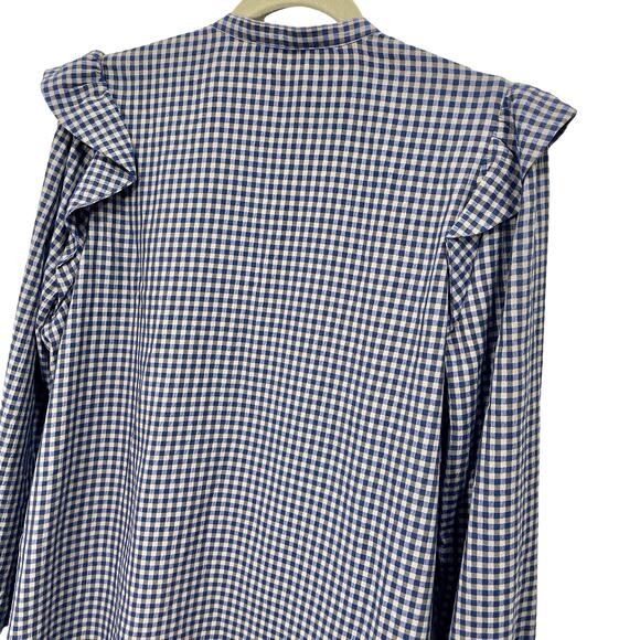 Treasure & Bond Blue Gray Plaid Button Up Long Sleeve Babydoll Dress Ruffle - Picture 4 of 9